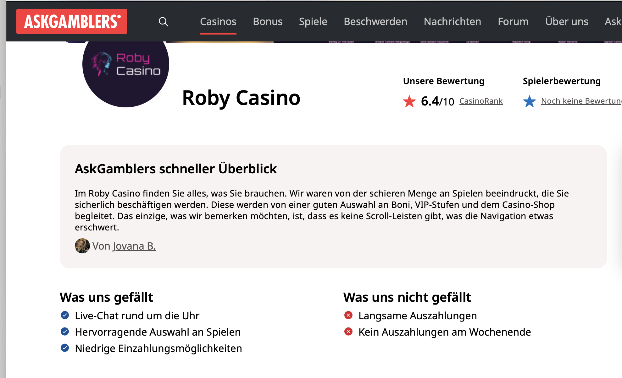Screenshot der AskGamblers-Testseite zu Roby Casino mit der Redaktionsbewertung 6,4 von 10 und den Pro- und Contra-Listen