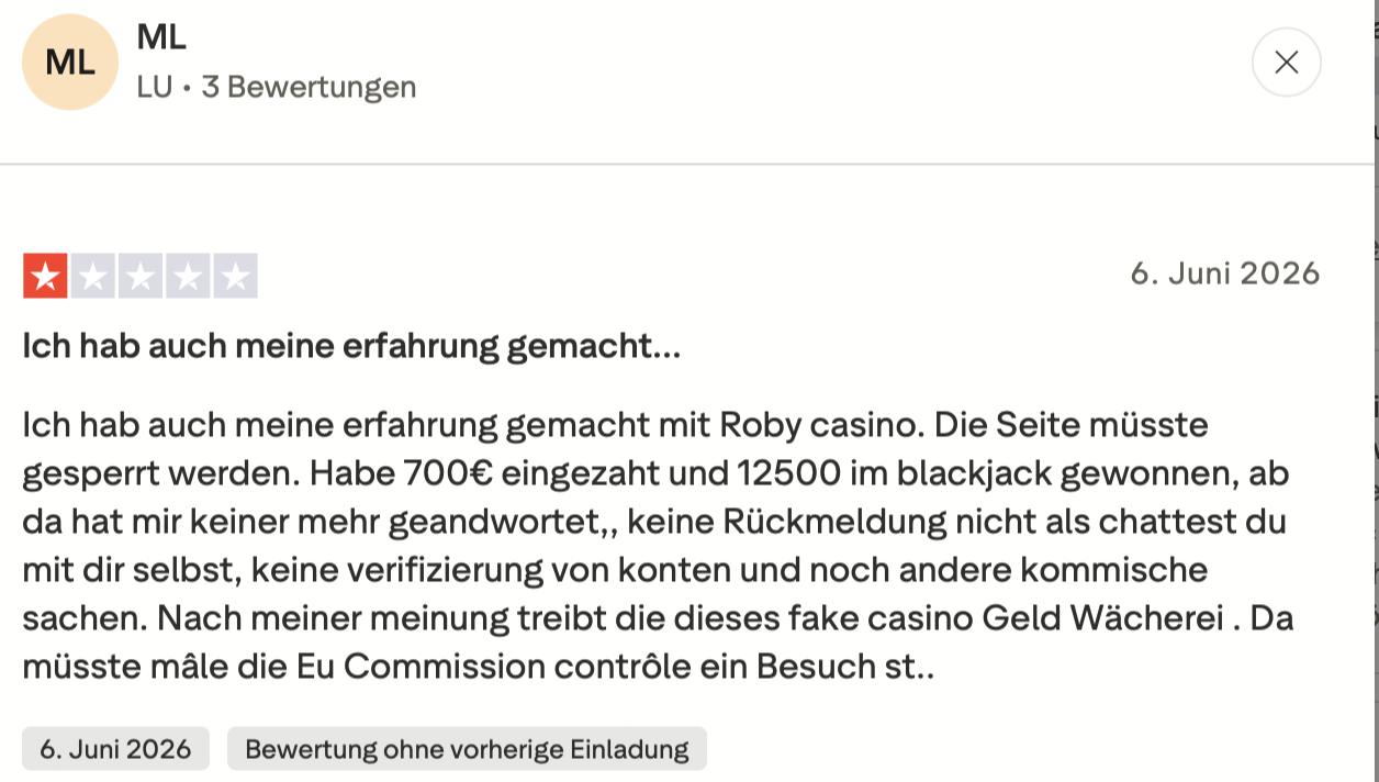 Trustpilot-Bewertung von ML aus Luxemburg mit einem Stern über einen Blackjack-Gewinn von 12.500 Euro, der nach Nutzerangaben nicht ausgezahlt wurde