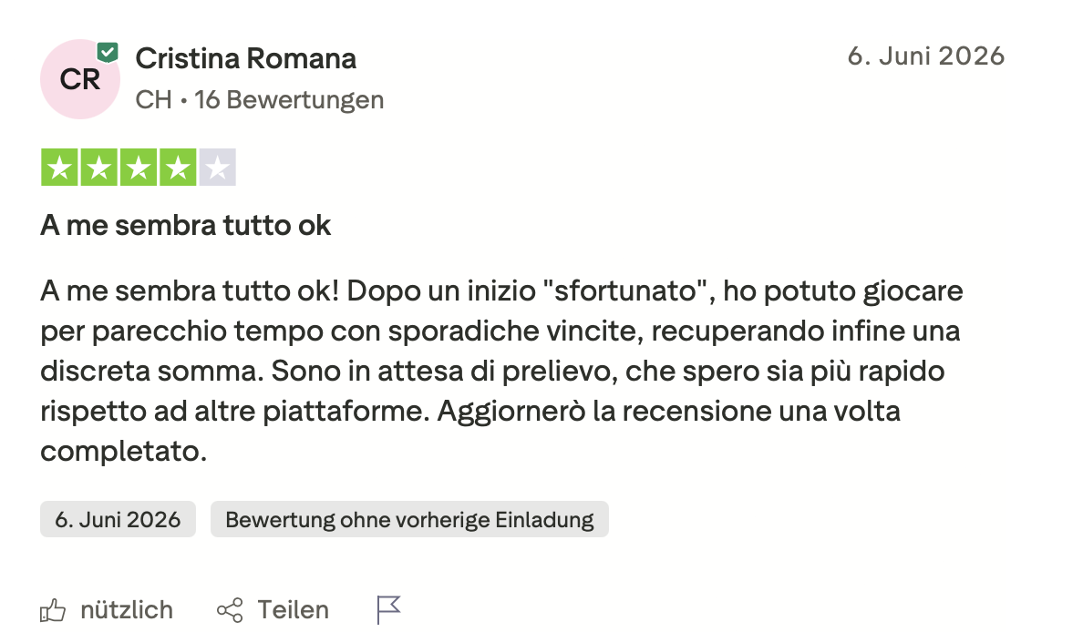 Trustpilot-Bewertung von Cristina Romana aus der Schweiz mit vier Sternen, die nach holprigem Start eine ordentliche Summe zurückgewann und auf die Auszahlung wartet