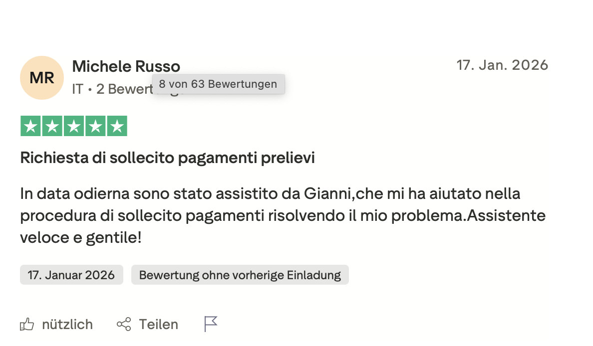 Trustpilot-Bewertung von Michele Russo aus Italien mit fünf Sternen, der den schnellen und freundlichen Support bei seiner Auszahlung lobt